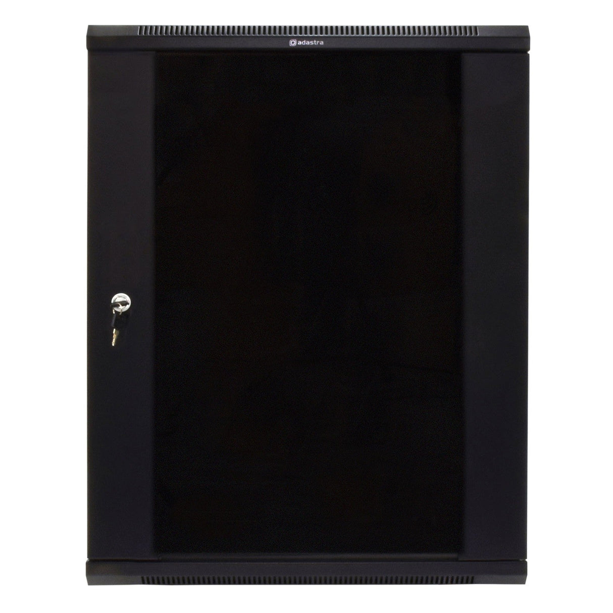 Image of an Adastra Rack Cabinet - 15U x 450mm, featuring a lockable glass front door with a key lock mechanism. The sleek black wall-mounted cabinet, similar to rack-mount designs, is closed with no visible equipment inside.