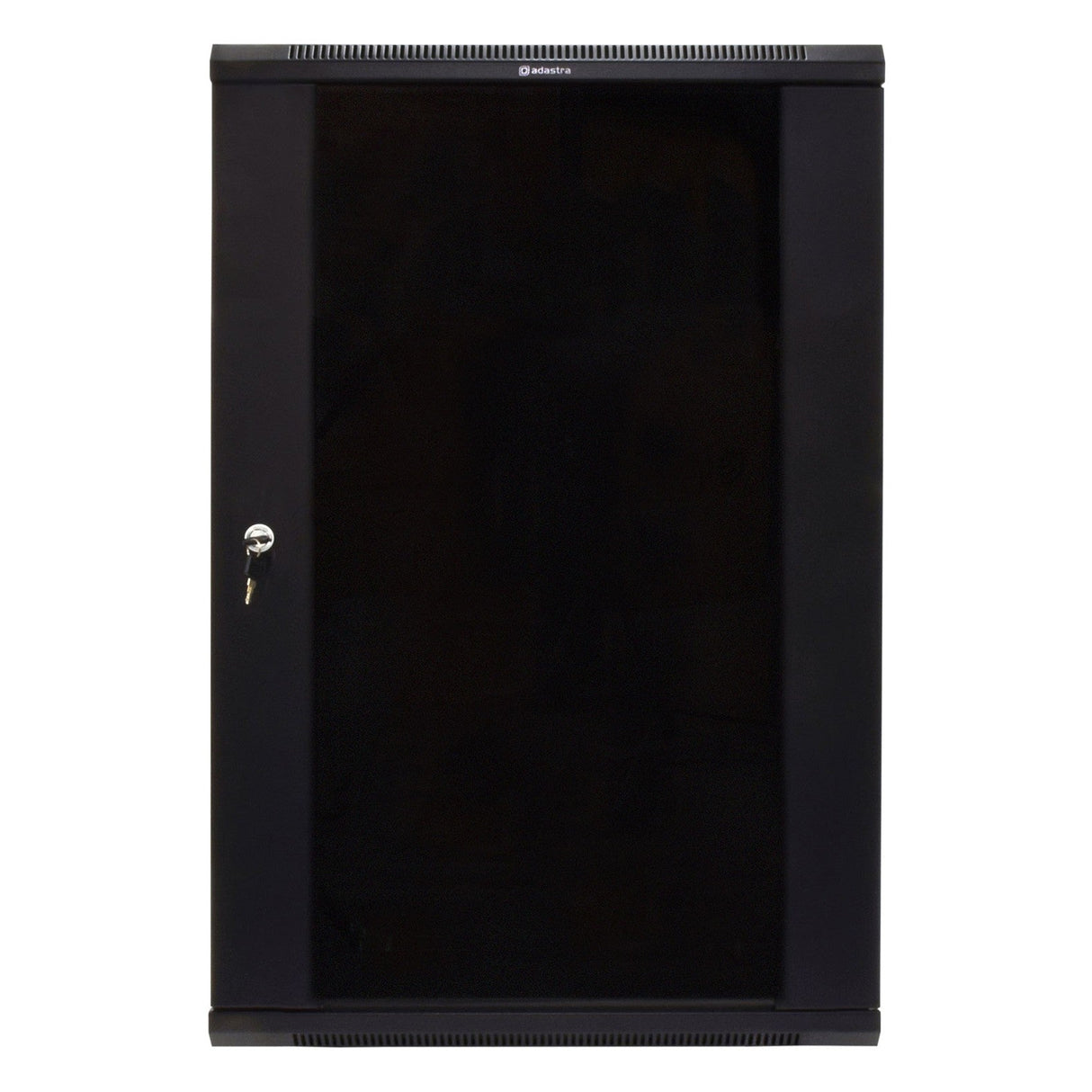 The Adastra Rack Cabinet - 18U x 450mm is a black wall-mounted server cabinet with a lockable front door and removable side panels, designed to securely house 19" rack-mount equipment.