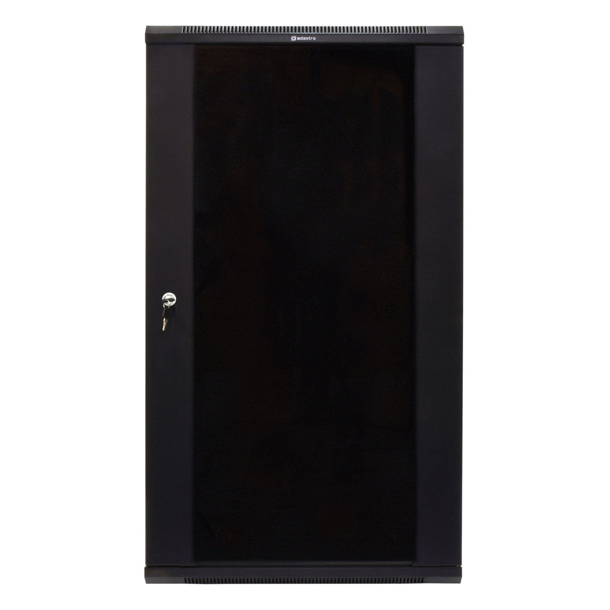 The Adastra Rack Cabinet - 22U x 450mm is ideal for professional IT environments, featuring a tall, black design with sleek 19" rack-mount cabinets and a lockable front door. Its transparent front door includes a key lock, and the enclosed design neatly organizes networking equipment.