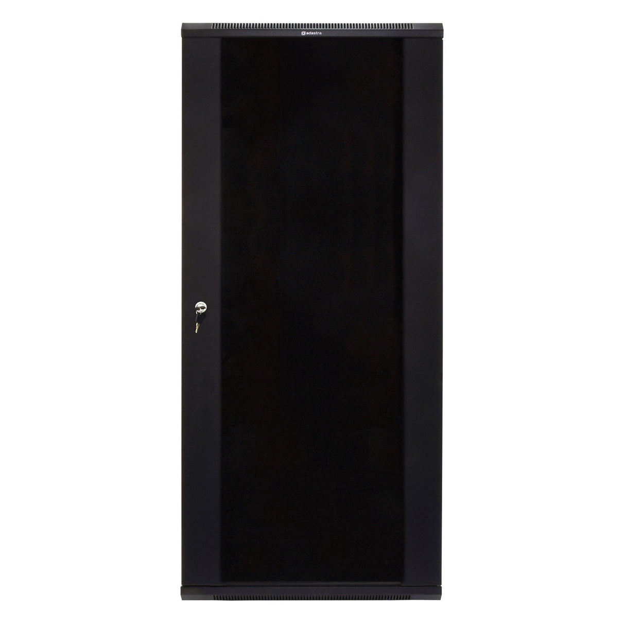 The Adastra Rack Cabinet - 28U x 450mm is a tall, black server rack with a lockable front door featuring a silver lock and key on the left side. This 19" rack-mount cabinet stands plain against a white background, showcasing no visible branding or markings. Moreover, it includes removable side panels for easy access.
