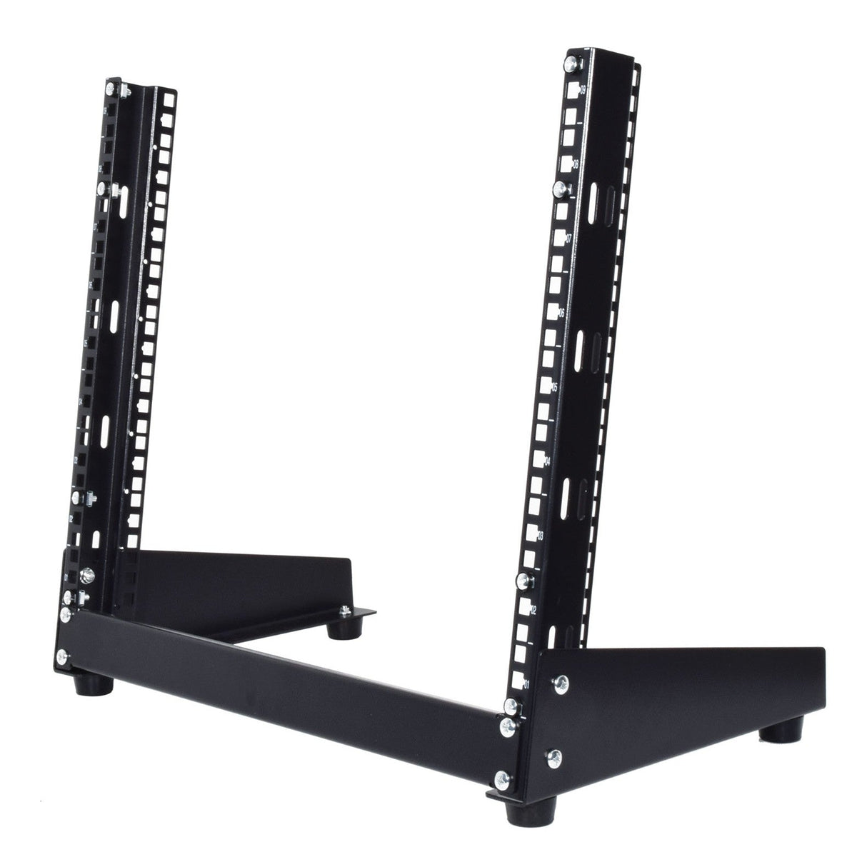 The Adastra 19" Desktop Rack Stand - 9U is a black metal rack mount frame with two vertical rails, offering multiple holes for adjustable mounting. It's designed as ideal rack equipment, sitting on a flat surface with angled sides for stability and fitting seamlessly into a 19" design.