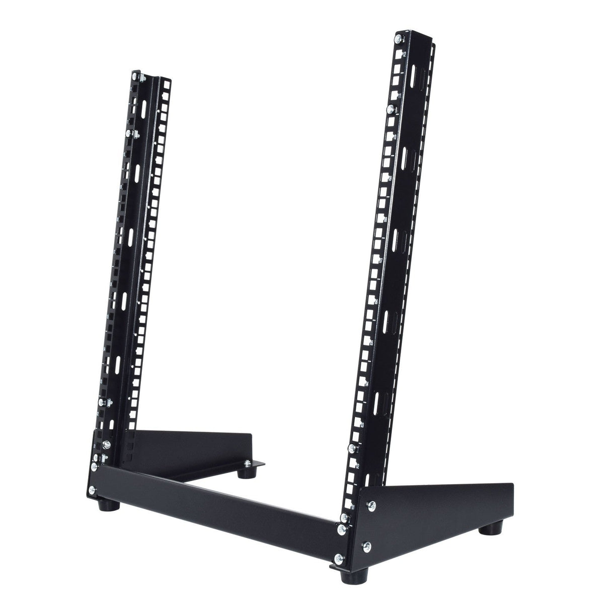 Introducing the Adastra 19" Desktop Rack Stand - 12U, crafted from sleek black metal with two vertical rails and multiple mounting holes. Its flat base guarantees stability, making it an excellent choice for holding audio or electronic equipment. This elegant stand is presented gracefully on a white background.