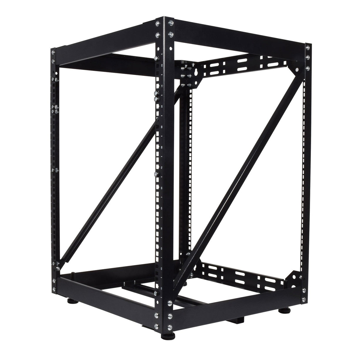 The Adastra 12U Wall Or Desktop Rack Frame is a flexible black open-frame server rack designed with a rectangular structure and robust metal support beams. It features adjustable rails and a strong base, making it ideal for organizing 19" rack equipment or assembling custom rack frames yourself.