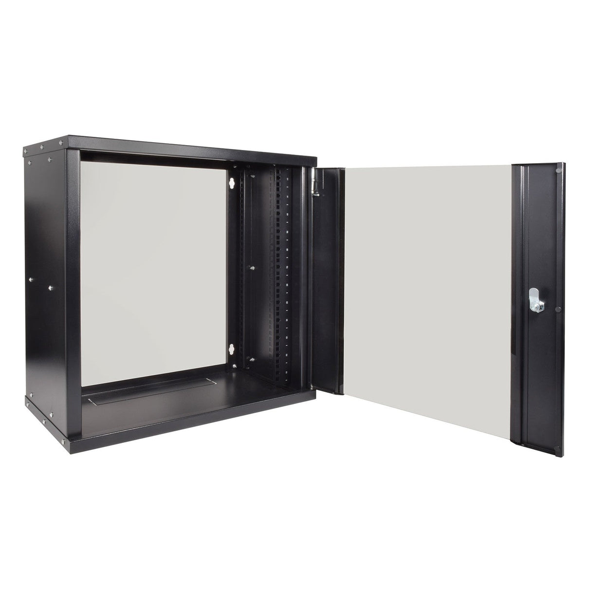 The Adastra 12U Shallow Rack Wall Cabinet provides a compact solution in black metal, featuring an open, transparent front door. It is equipped with inside rack-mounting brackets for networking or electronic equipment and comes with a handle and lock for added security.