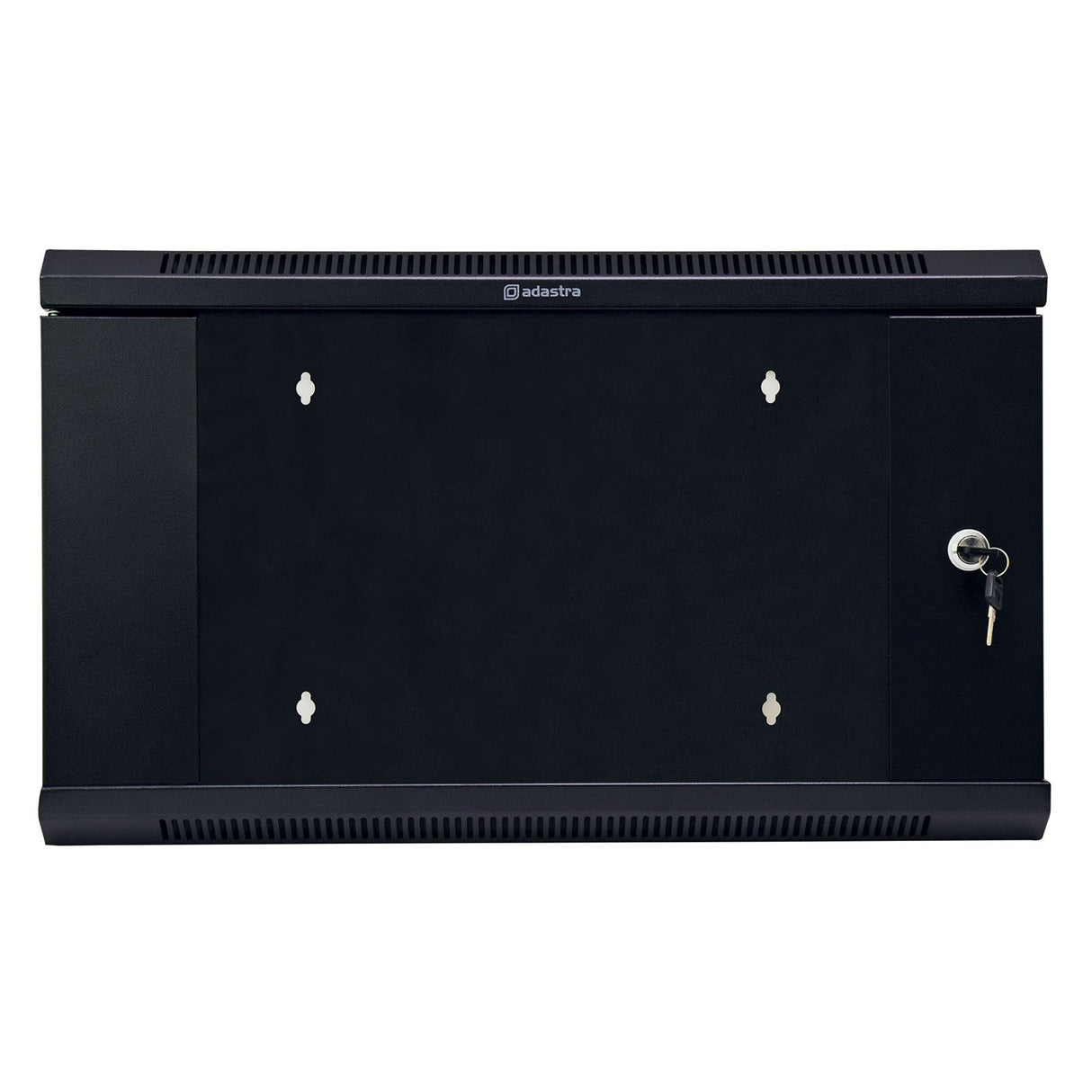The Adastra Hinged Rack Cabinet - 6U is a black wall-mount unit featuring a glass front door and adjustable rack strips. It comes with a lockable front door, complete with keys, and has ventilation slots on the top and bottom edges to ensure optimal airflow. This cabinet is ideal for securely mounting electronic rack equipment on any wall.