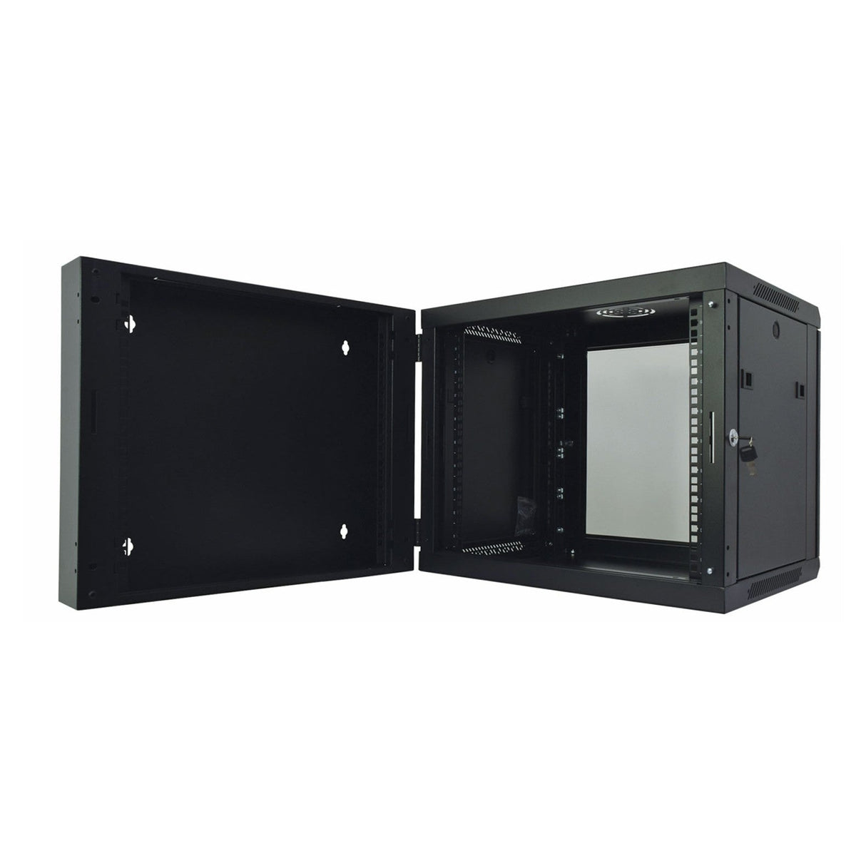 The Adastra Hinged Rack Cabinet - 9U is a black, wall-mounted IT server rack cabinet with a hinged door that reveals its spacious interior, perfect for installing rack-mount equipment. It includes adjustable rack strips and a secure lock on the door to keep your network equipment organized and safe.
