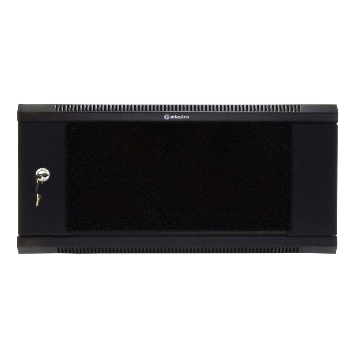 The Adastra Rack Cabinet - 4U x 600mm is a sleek black wall-mounted server cabinet featuring a lockable front glass door and adjustable rack strips. The Adastra logo is prominently displayed at the top center, offering both style and security. Vents on the top and bottom of the cabinet ensure ample airflow for optimal performance.