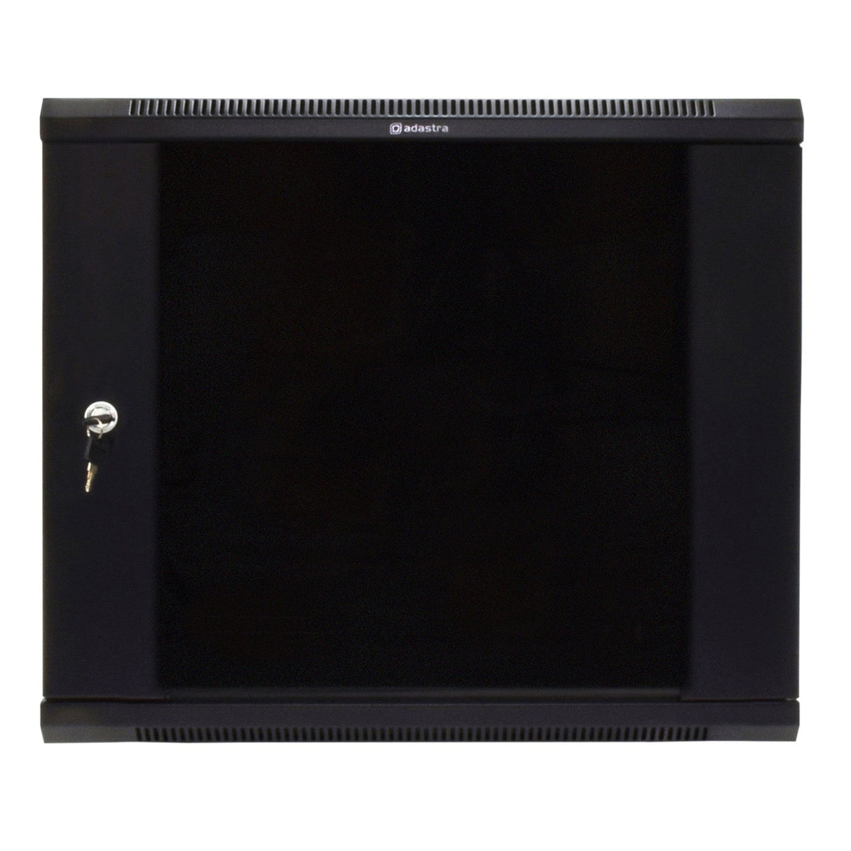 The Adastra Rack Cabinet - 9U x 600mm is a black wall-mounted cabinet featuring a sleek glass lockable front door with a metal key. It includes ventilation slits at the top and bottom, along with removable side panels for easy access and maintenance.