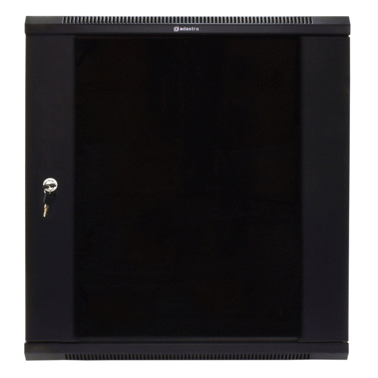 The Adastra Rack Cabinet - 12U x 600mm, featuring a sleek black metal design, is ideal for rack-mount equipment. It includes a glass front door with a keyhole and an inserted key, allowing it to be securely locked. This cabinet can also be wall-mounted, offering both style and protection for your equipment.