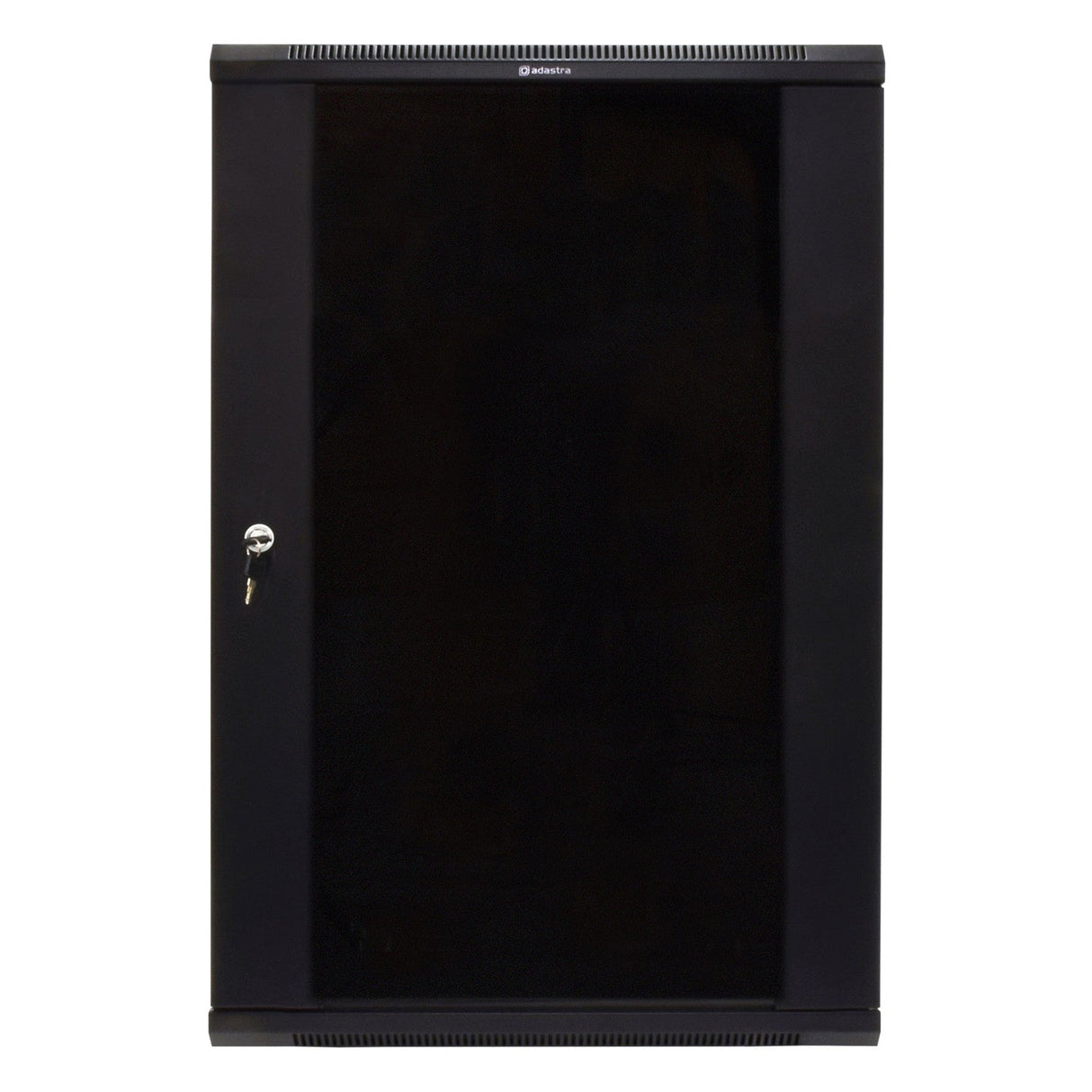 The Adastra Rack Cabinet - 18U x 600mm is a sleek black wall-mounted server rack featuring a transparent, lockable front door with the key visible on the left side. This unit is designed as a 19" rack-mount and includes ventilation slits on the top and bottom edges to ensure optimal airflow.