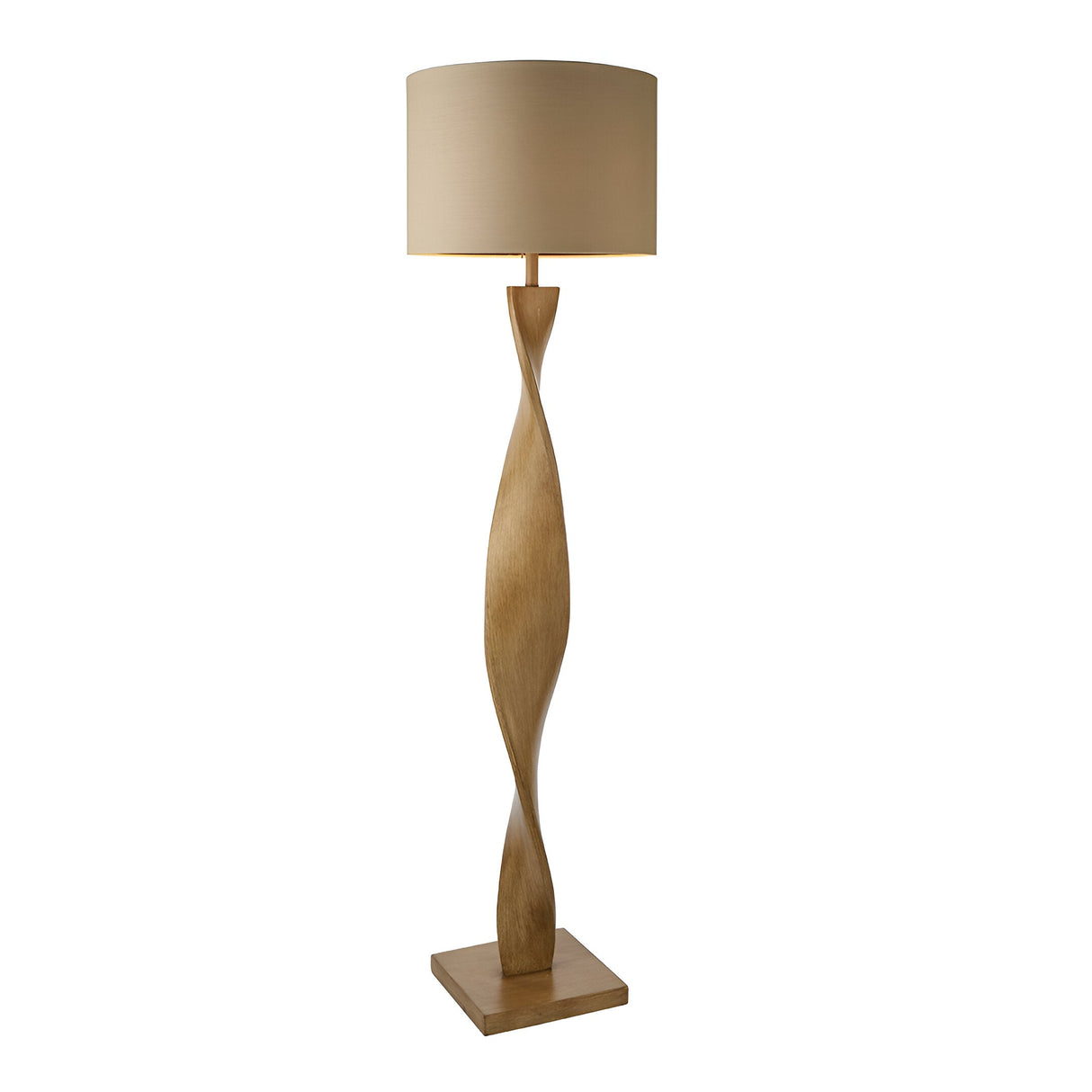 Endon Alcott floor lamp with a spiralling light oak effect wooden base and natural linen cylinder shade, shown on a plain white background.