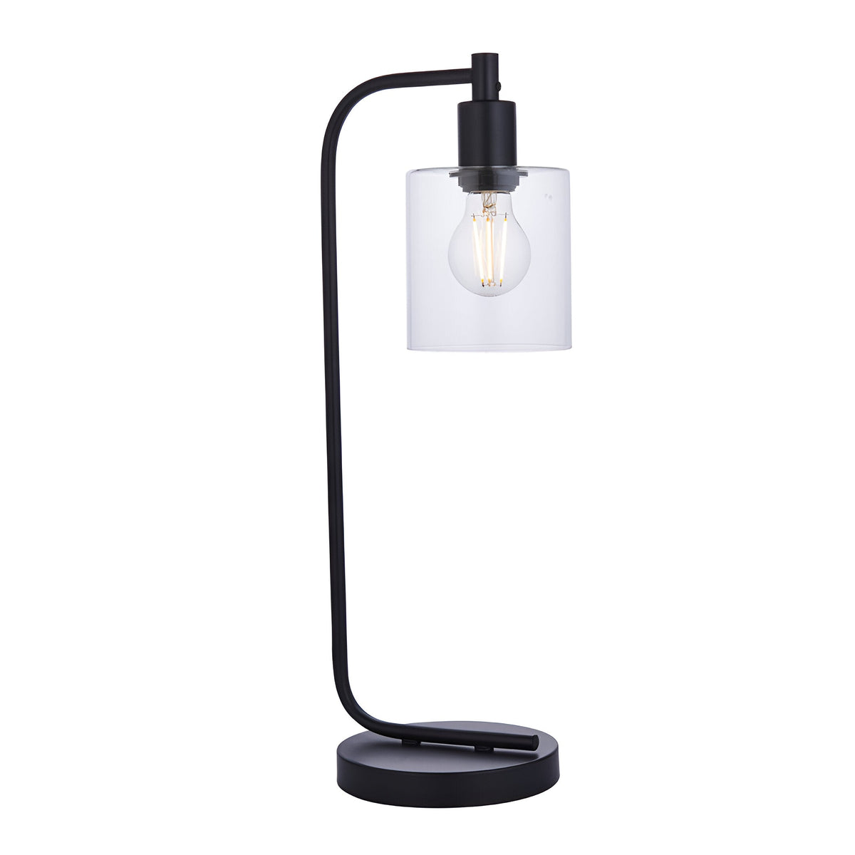 Endon Cranmere table lamp in matt black with an arched metal stand, clear glass cylinder shade and exposed filament bulb, on a plain white background.
