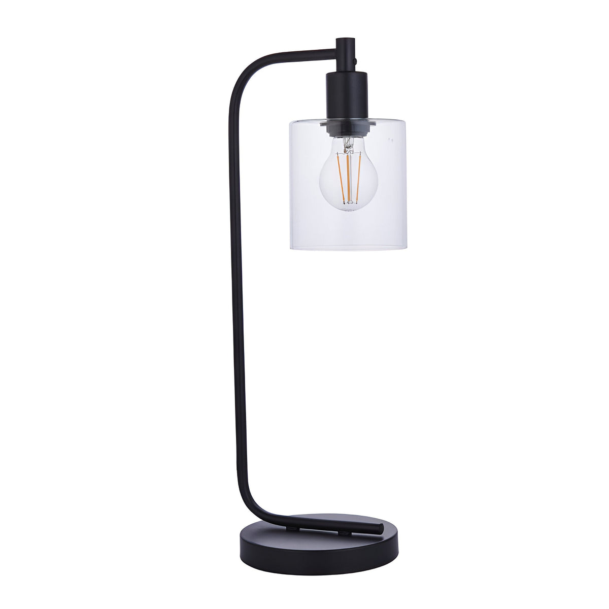 Endon Cranmere table lamp in matt black metal with an arched arm and clear glass cylinder shade around a visible filament bulb, on a plain background.