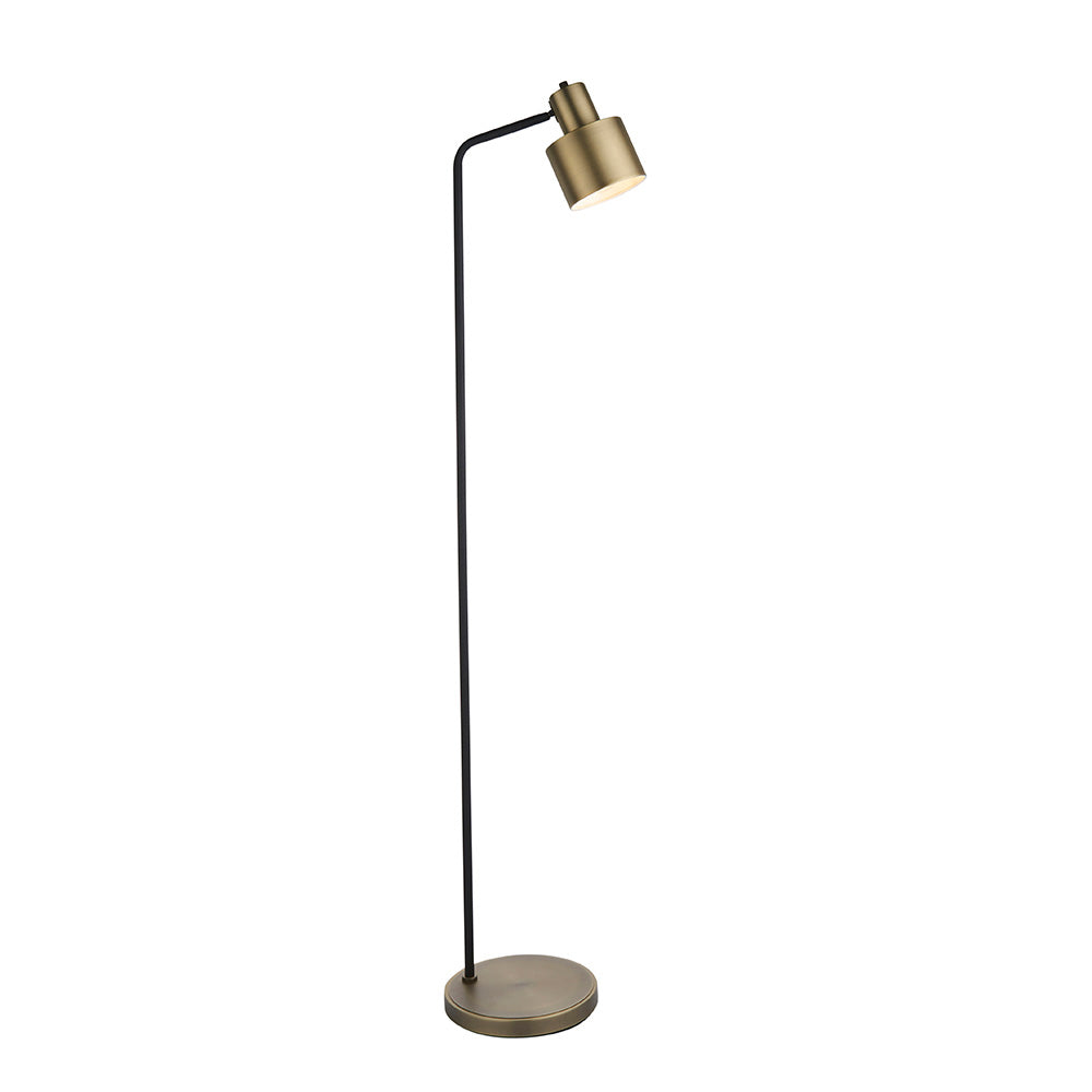 Carlbourne Floor Lamp in brass and black, industrial style with angled arm, cup-shaped brass shade, round base, on a plain white background.