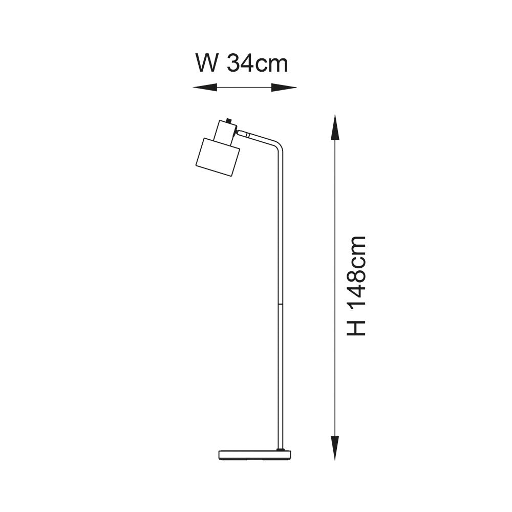Carlbourne Floor Lamp in brass and black, industrial single-light design with knurled rotary switch; diagram shows 34cm width, 148cm height.