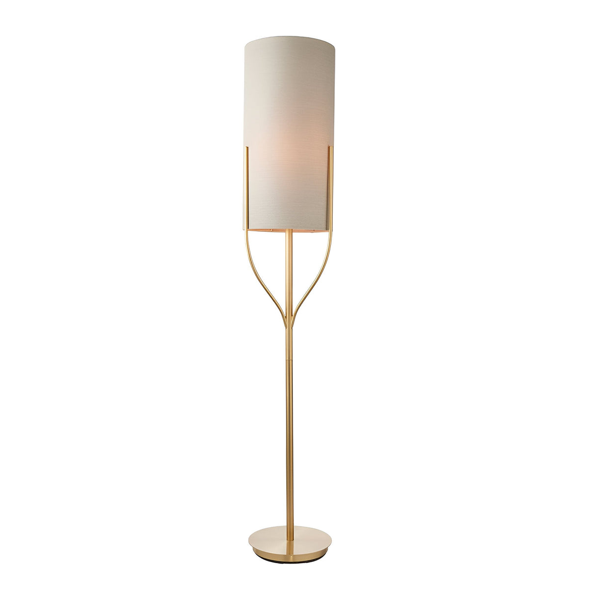 Endon Bramdon floor lamp with satin brass stem and natural linen cylinder shade on a round base, shown against a plain white background.
