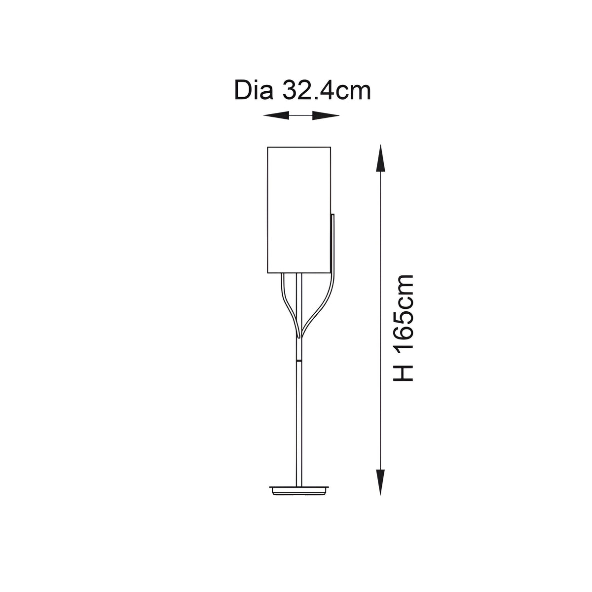 Dimension diagram of the Endon Bramdon floor lamp showing a 165cm height and 32.4cm shade diameter on a plain white background.