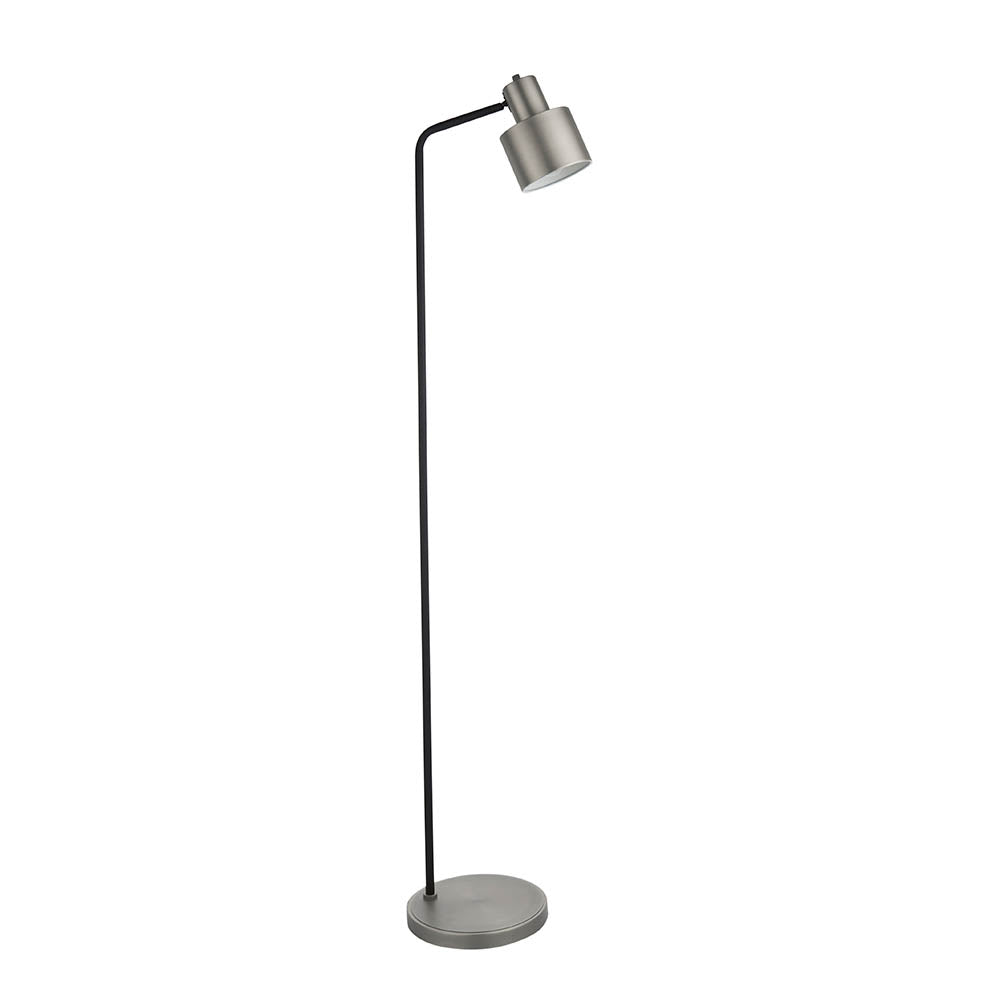 Endon Carlbourne industrial floor lamp with a brushed silver E27 head, matt black arm and round silver base, shown on a plain white background.