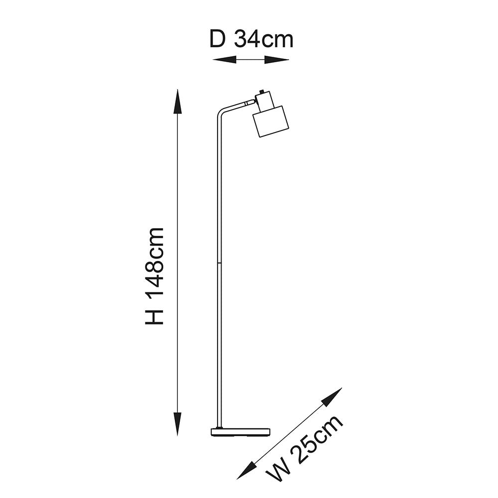 Dimensions diagram of the Endon Carlbourne floor lamp showing height 148cm, width 25cm and depth 34cm on a plain white background.