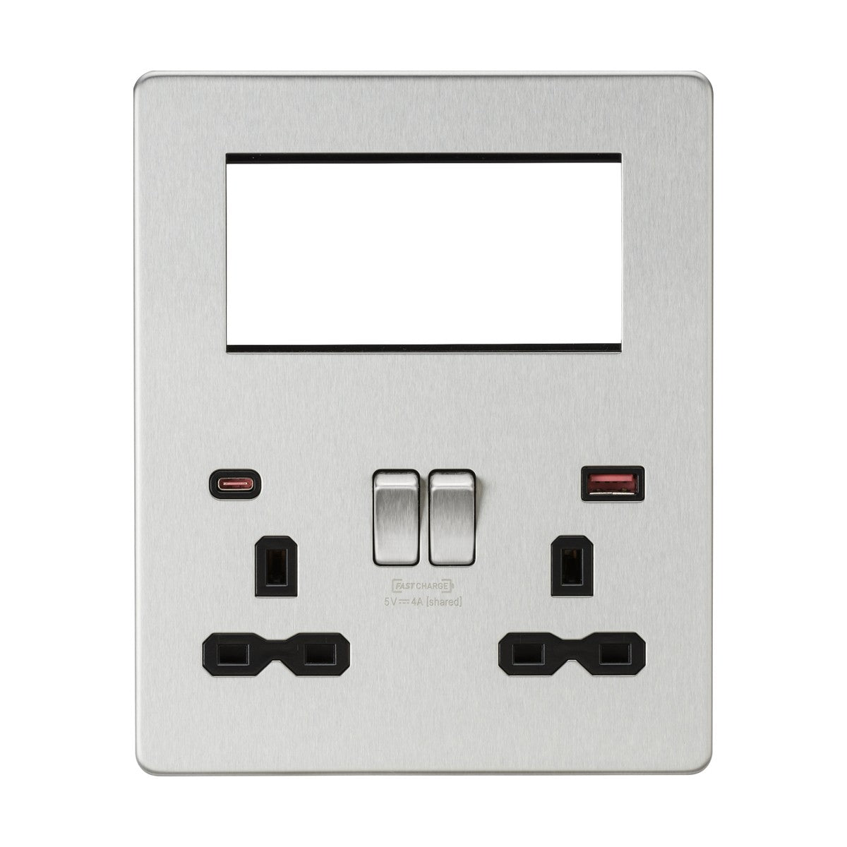 Small Multimedia Combo Plate + Dual USB A+C 12V DC 1.5A (Max. 18W) - Brushed Chrome w/Black Insert