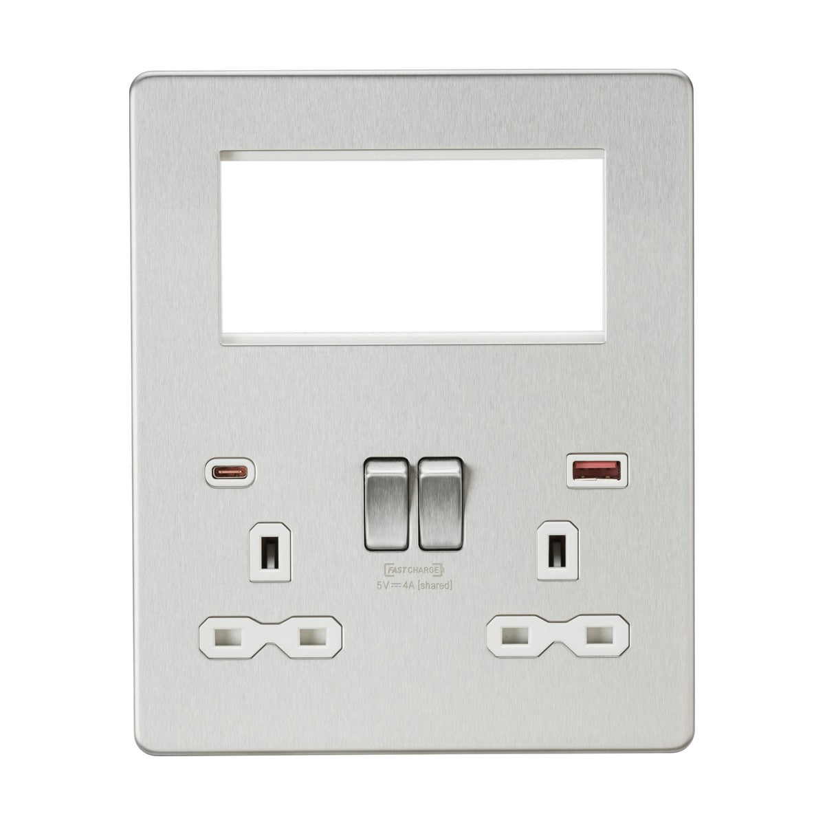 Small Multimedia Combo Plate + Dual USB A+C 12V DC 1.5A (Max. 18W) - Brushed Chrome w/White Insert
