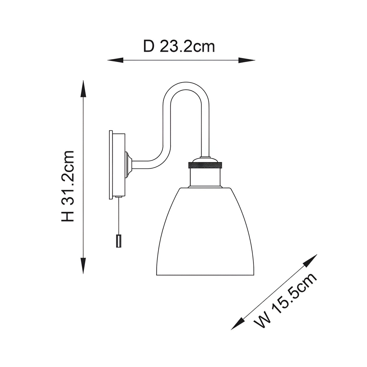 Line drawing of the Chartdon Bathroom Wall Light in chrome with swan-neck arm, opal glass shade and pull-cord switch, H31.2cm D23.2cm W15.5cm.
