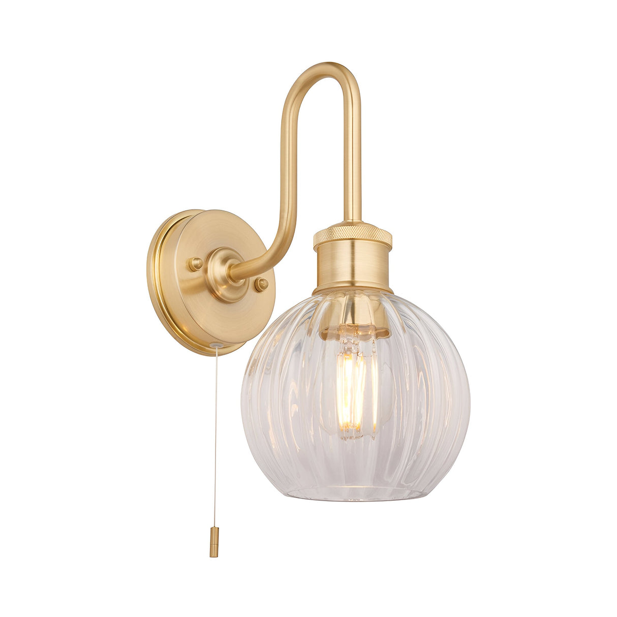 Endon Brockshaw bathroom wall light in satin brass with swan-neck arm, clear ribbed glass globe shade, and pull switch, shown on a white background.