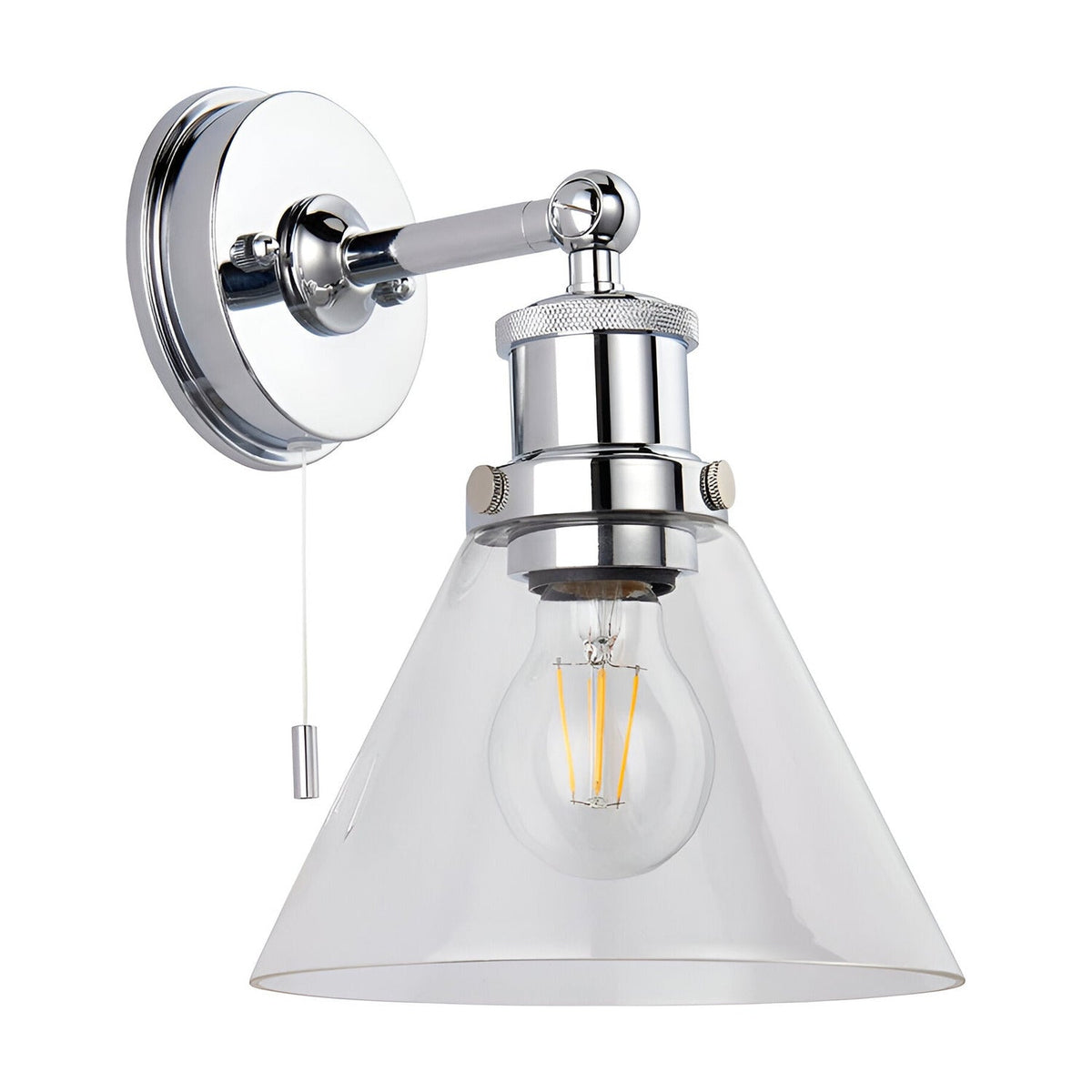 Endon Cranmore bathroom wall light in polished chrome with cone-shaped clear glass shade, knurled circular back plate, pull cord switch, and E27 filament bulb.