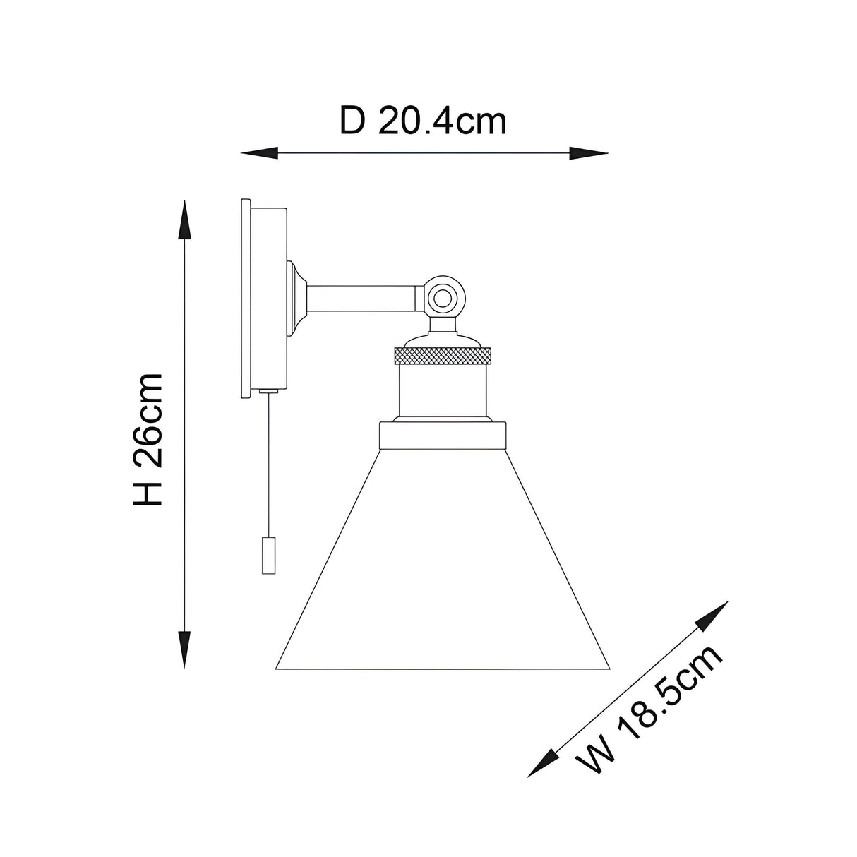 Dimension diagram of the Endon Cranmore bathroom wall light showing 26cm height, 18.5cm width and 20.4cm projection on a white background.