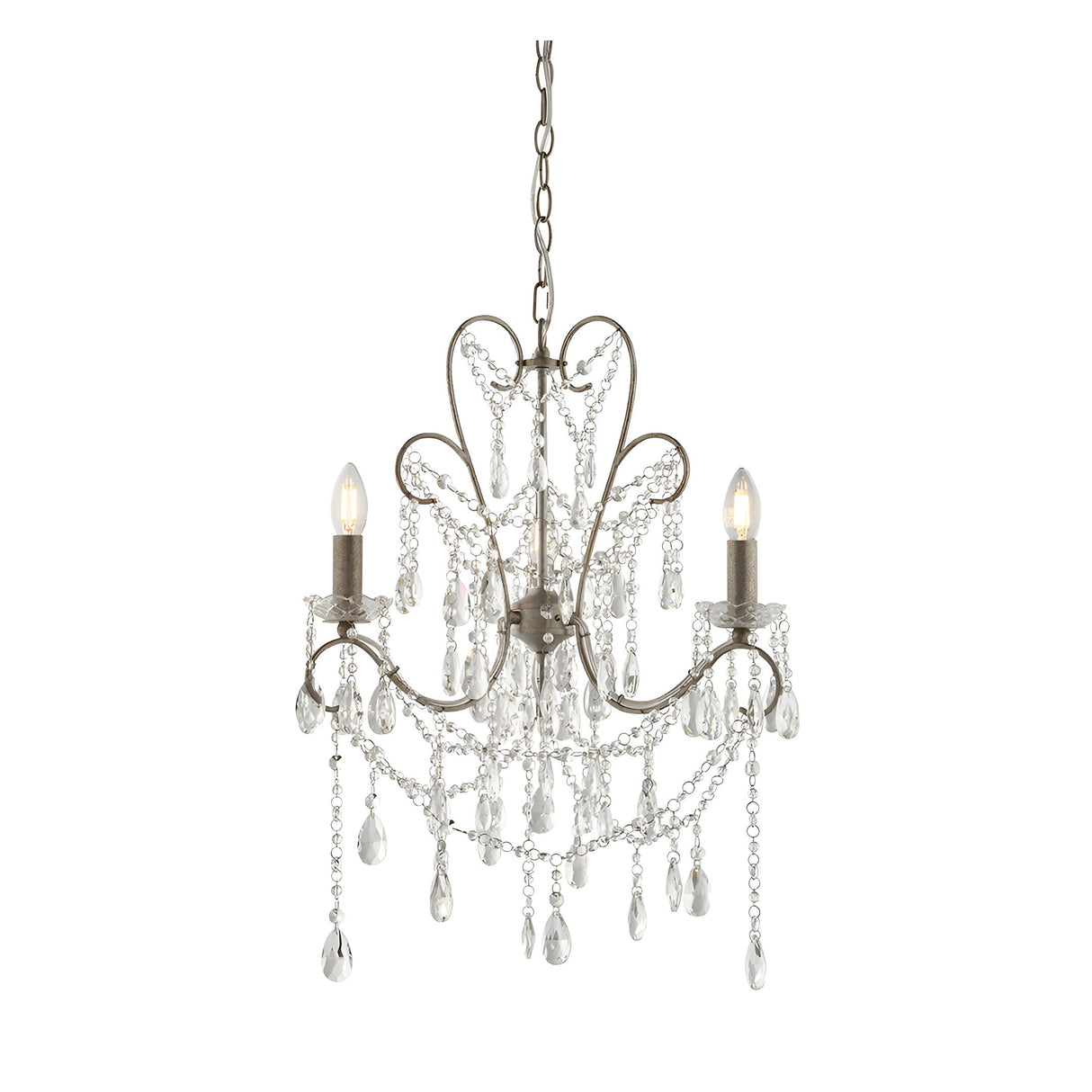 Endon Aldwood 3 light pendant in aged silver with scrolled metal frame and clear faceted crystal droplets and swags, on a white background.
