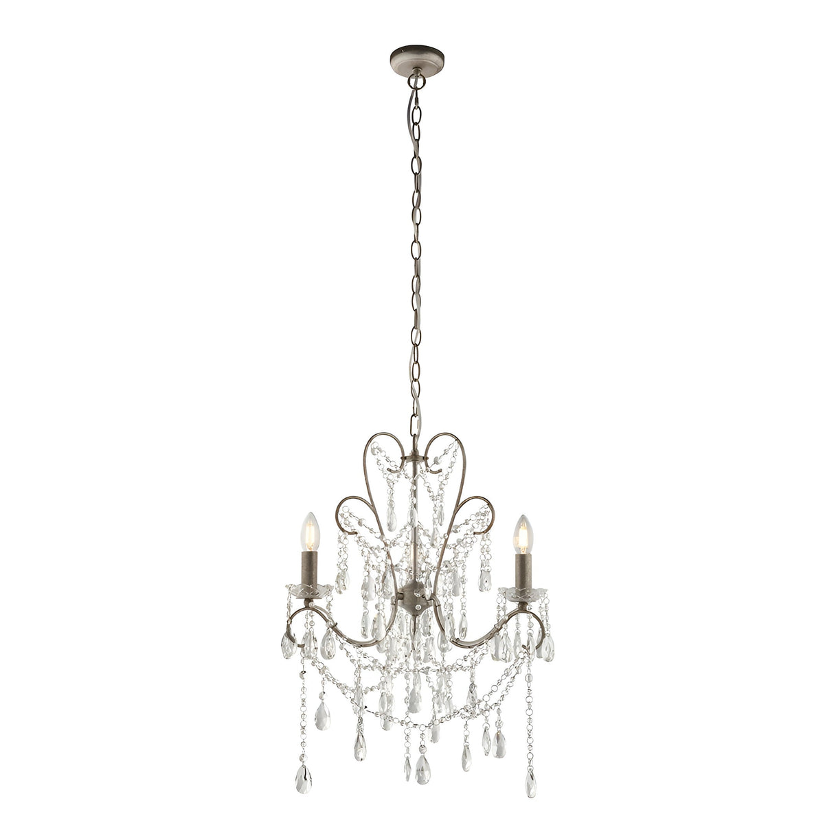 Endon Aldwood 3 light pendant in aged silver with scrolled metalwork and clear faceted cut crystal droplets, hung from a chain on a white background.