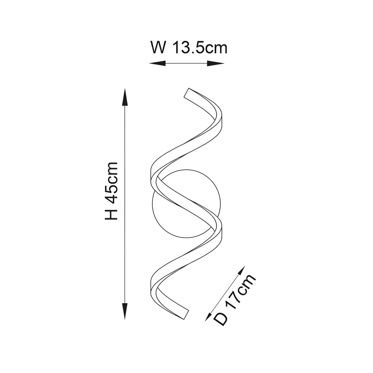 Dimension diagram of the Endon Aldleigh LED wall light showing a twisting spiral form, 45cm high, 13.5cm wide and 17cm projection.