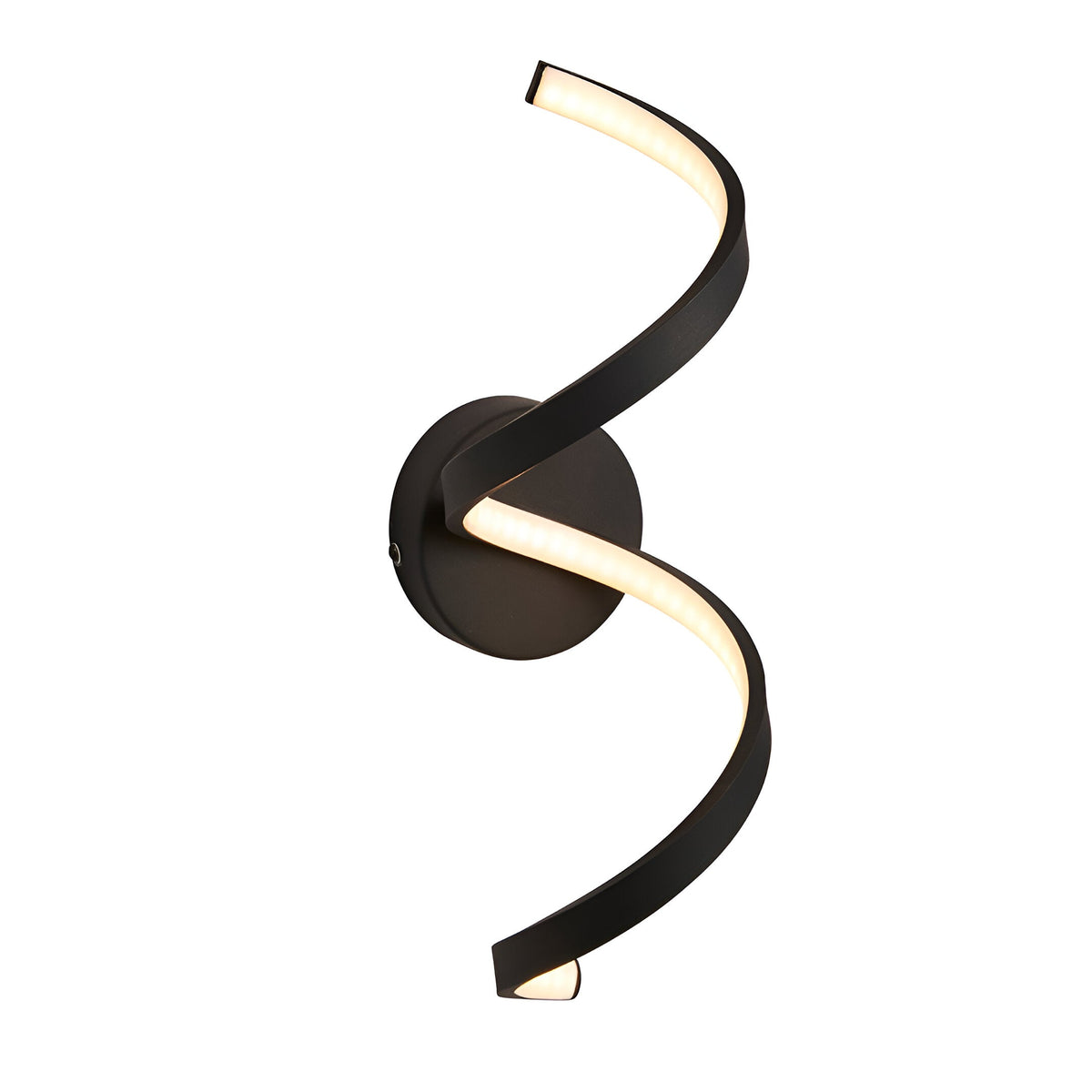Endon Aldleigh LED wall light with a tall twisting black spiral form and warm white integrated LED, IP44 rated, shown on a plain white background.