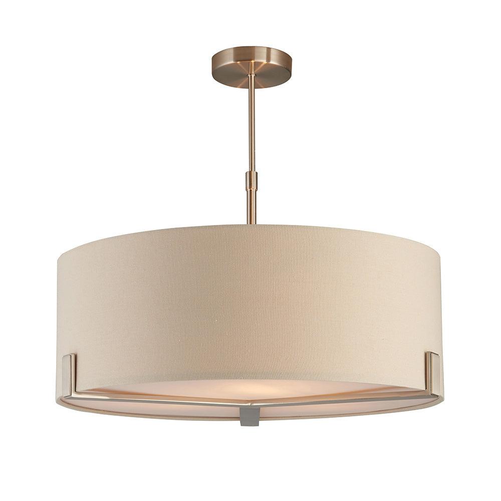 Endon Brendon 3 light pendant with a large pale grey fabric drum shade, white diffuser and satin nickel stem and ceiling fitting, on a white background.
