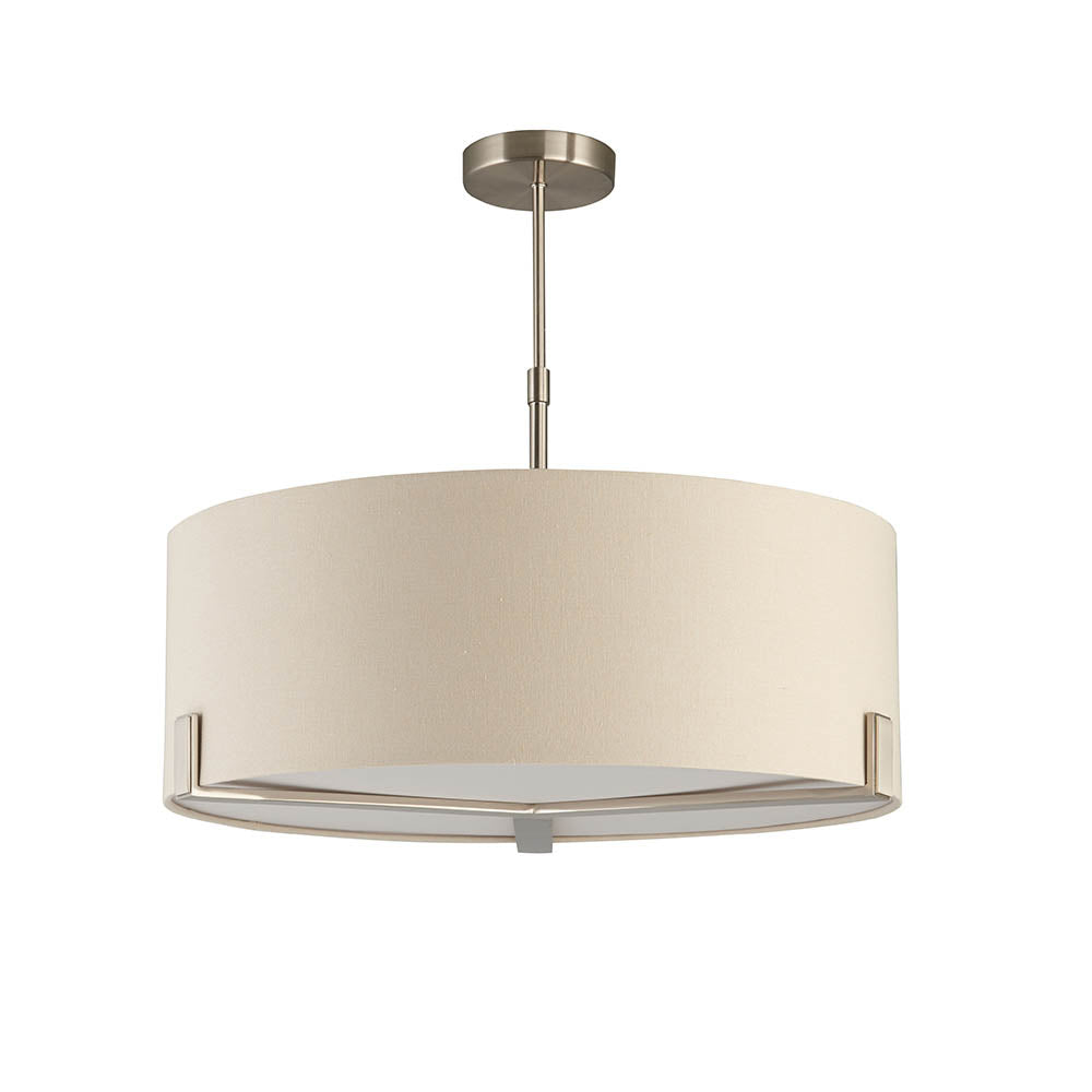 Endon Brendon 3 light pendant with a large pale grey fabric drum shade, internal diffuser and satin nickel stem, shown on a white background.