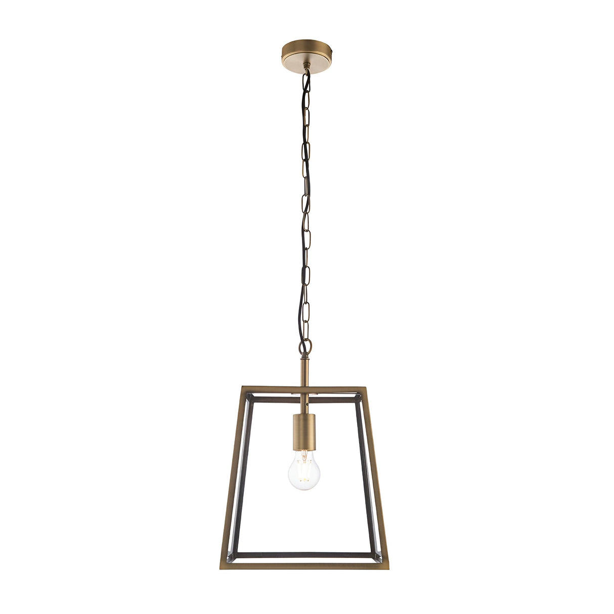 Endon Brenton lantern pendant in brass with tapered metal frame, single E27 filament bulb, and black chain suspension on a white background.