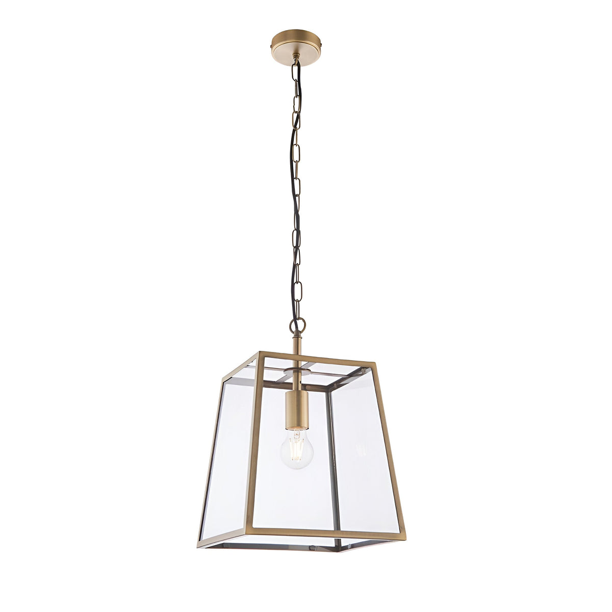Endon Brenton tapered lantern pendant in brass with clear glass panels, E27 filament bulb, and chain suspension, shown on a plain white background.