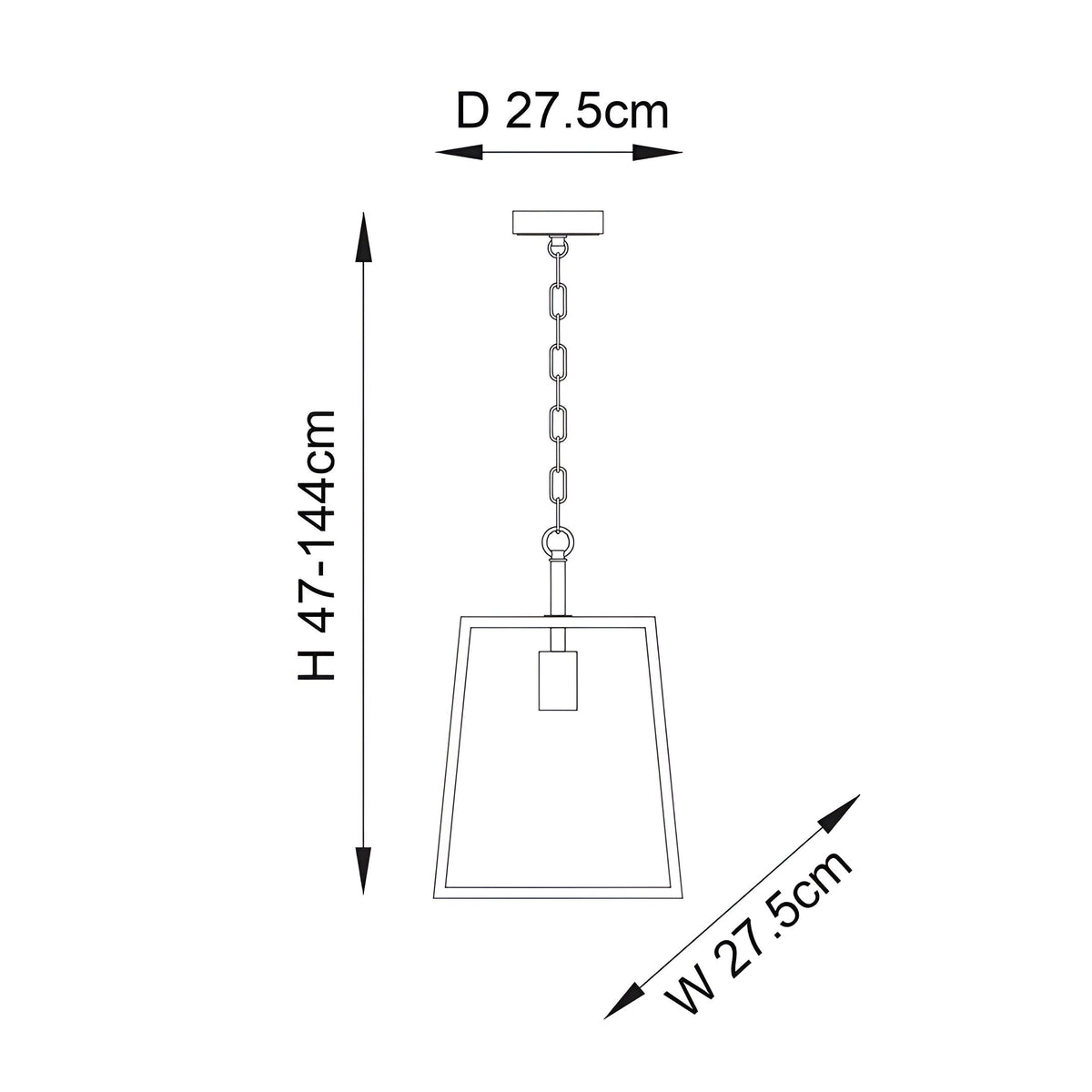 Dimensioned line drawing of the Endon Brenton lantern pendant showing 27.5cm width and depth with an adjustable 47–144cm drop height.