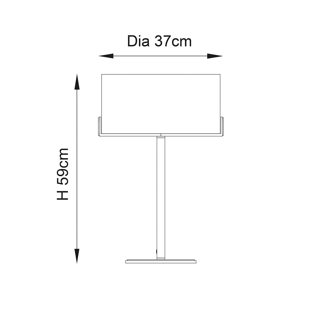 Line drawing of the Brendon table lamp showing a rectangular shade on a slim central column and flat round base, with dimensions Dia 37cm and H 59cm.