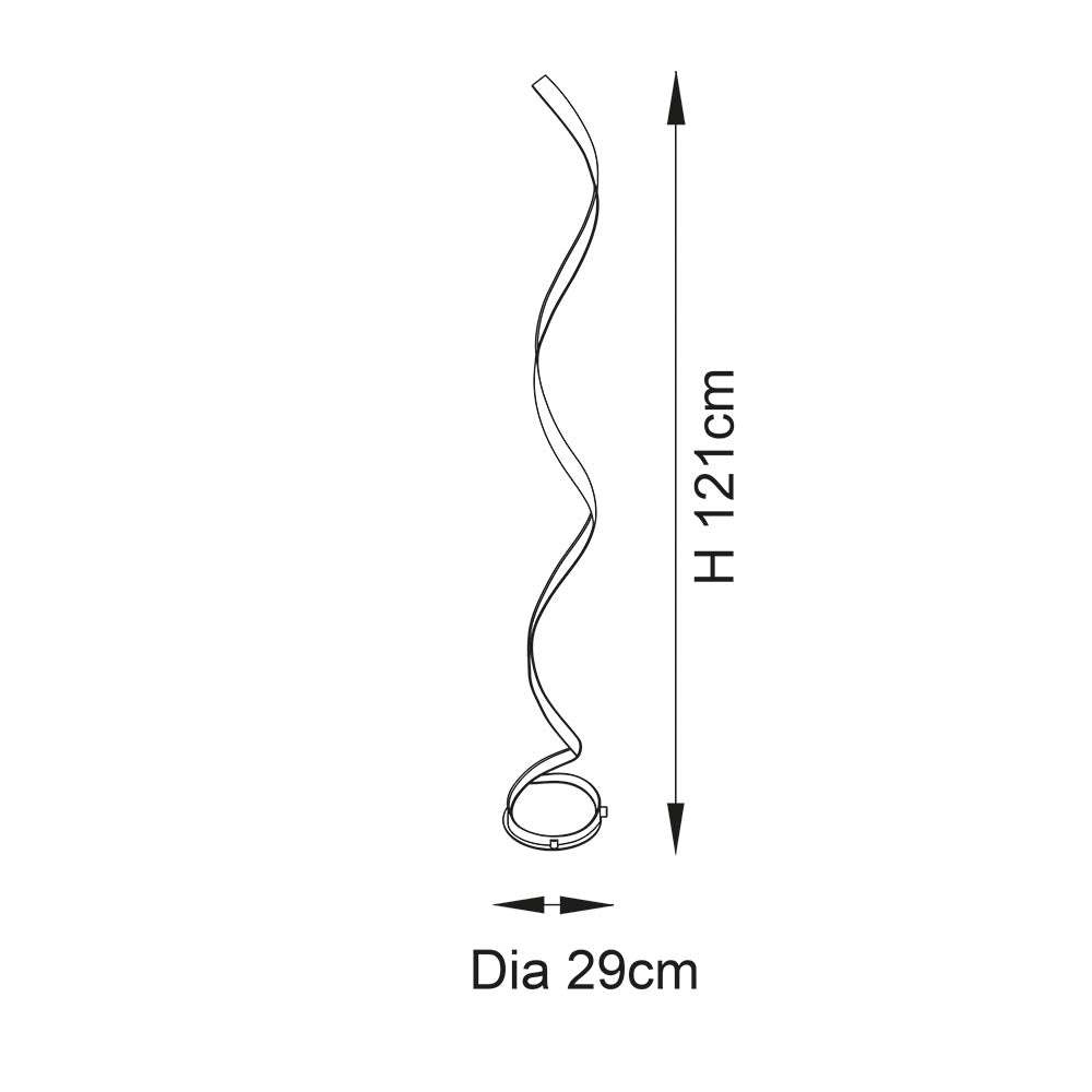 Dimension diagram of the Endon Neve floor lamp showing a curved silver frame with a circular base, marked H 121cm and Dia 29cm.