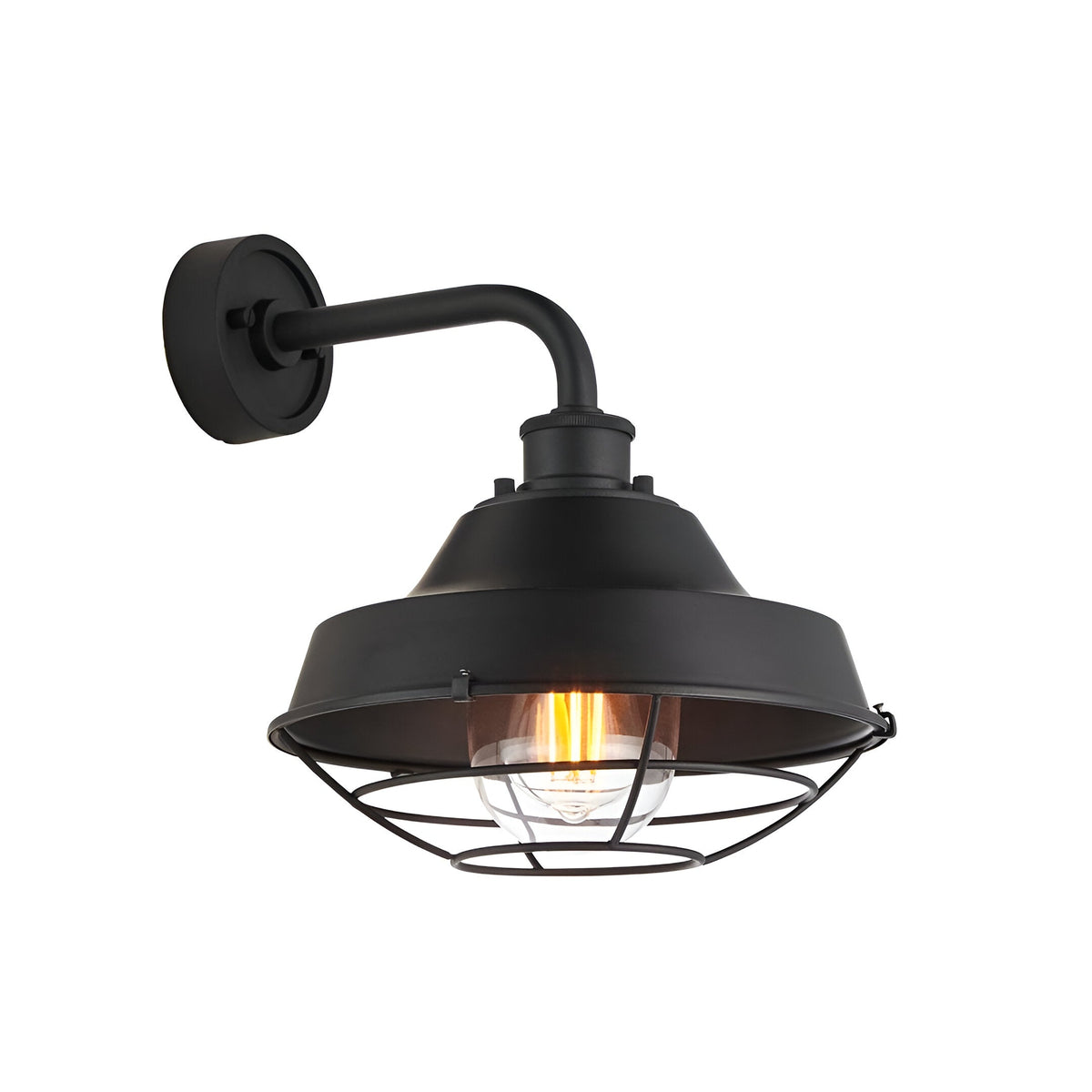 Caldton Outdoor Wall Light in matt black, industrial style with wire cage shade, filament bulb and gooseneck arm, shown on a plain white background.