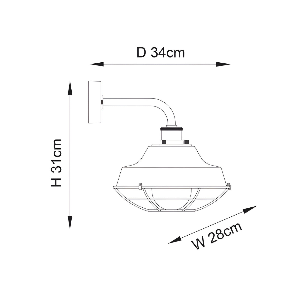 Technical line drawing of the Caldton Outdoor Wall Light in black, showing wall bracket, angled arm, caged shade, and dimensions H31cm, D34cm, W28cm.