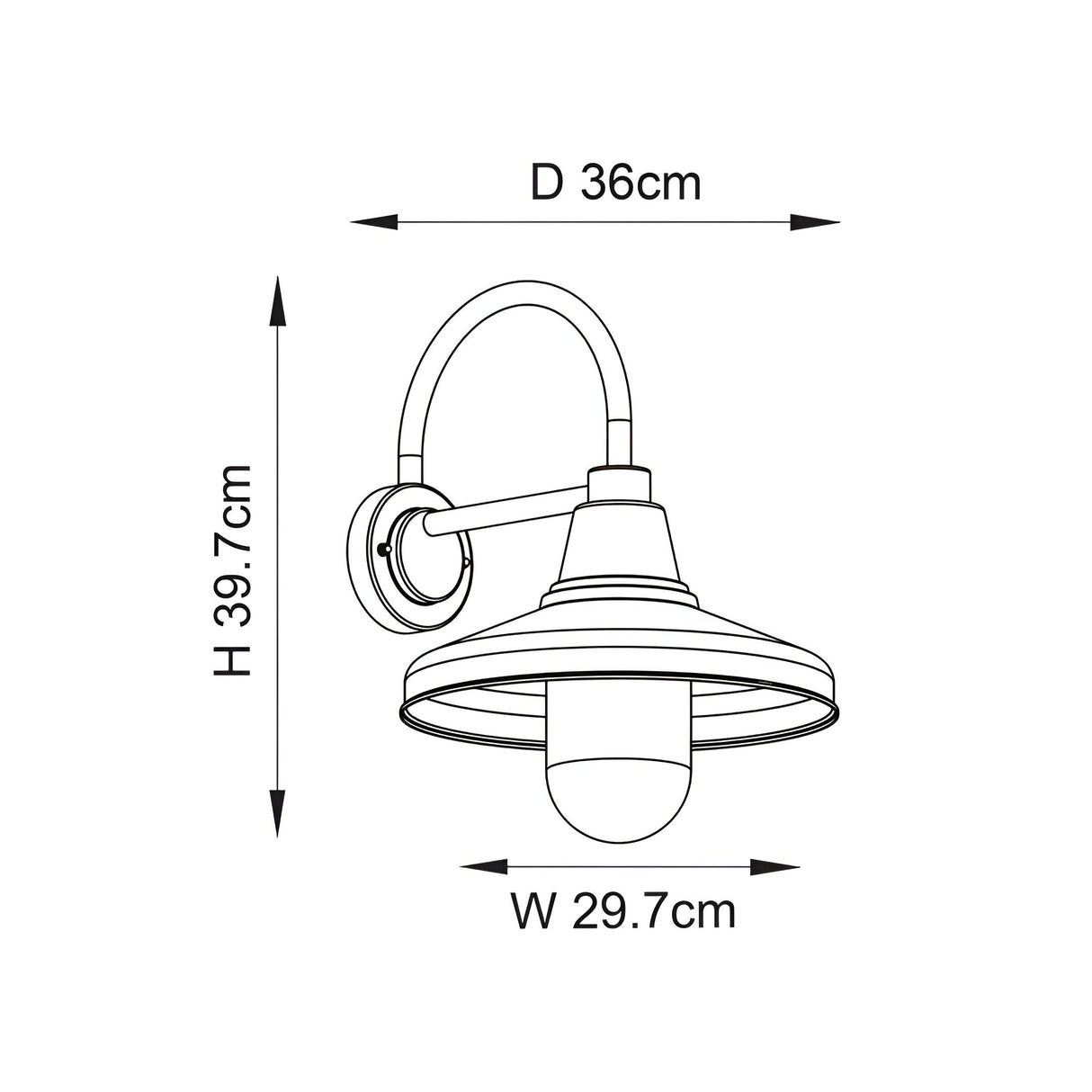 Dimension diagram of the Endon Brackworth outdoor wall light showing height 39.7cm, width 29.7cm and depth 36cm on a white background.