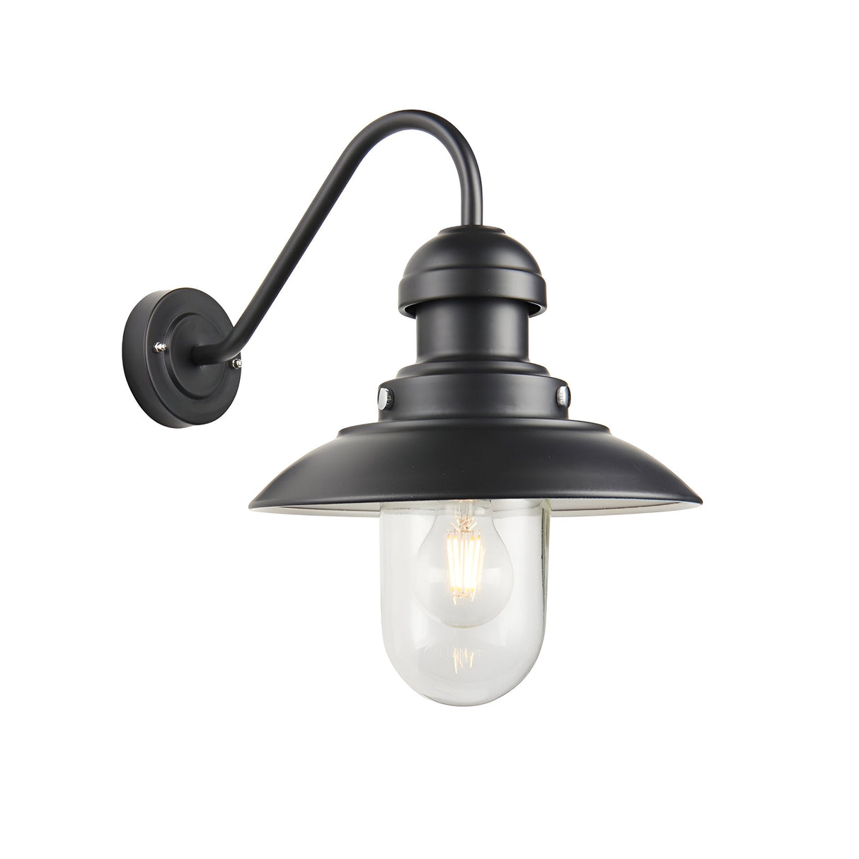 Endon Brengrove outdoor wall light in matt black, with a curved fisherman's arm and clear glass shade over an E27 filament bulb, on a white background.