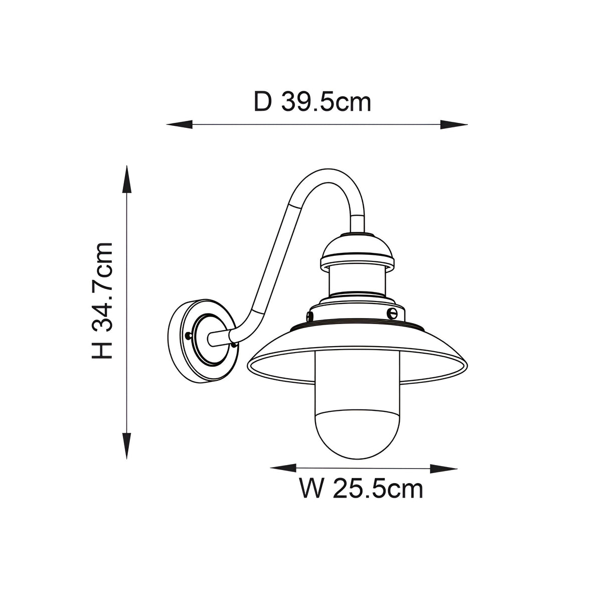 Dimension diagram of the Endon Brengrove outdoor wall light showing 34.7cm height, 25.5cm width and 39.5cm projection on a white background.