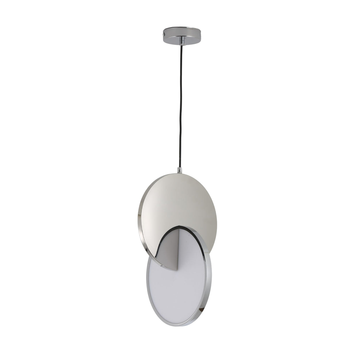 The Half Moon LED Pendant Light - Silver features two overlapping circular panels—one metallic and one frosted white—suspended from a ceiling mount by a black cord for a modern look.