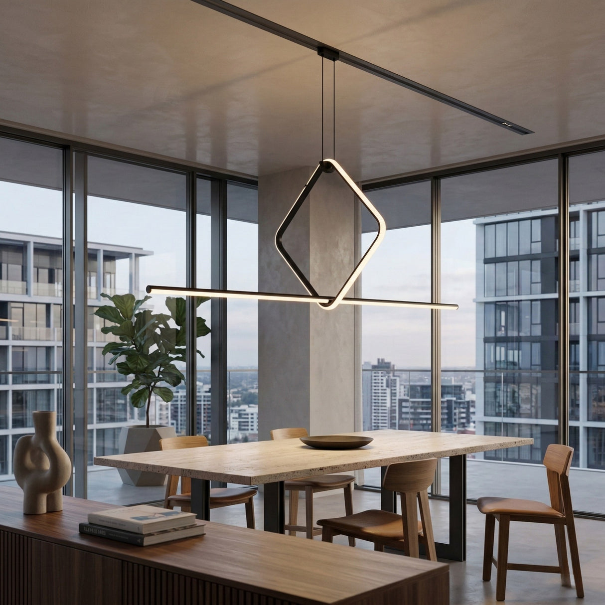 A modern dining room features a wooden table, four chairs, decorative vase, books, large potted plant, and city views. The Minimo LED Bar Square Linear Suspension Light in black adds minimalist elegance to the space.