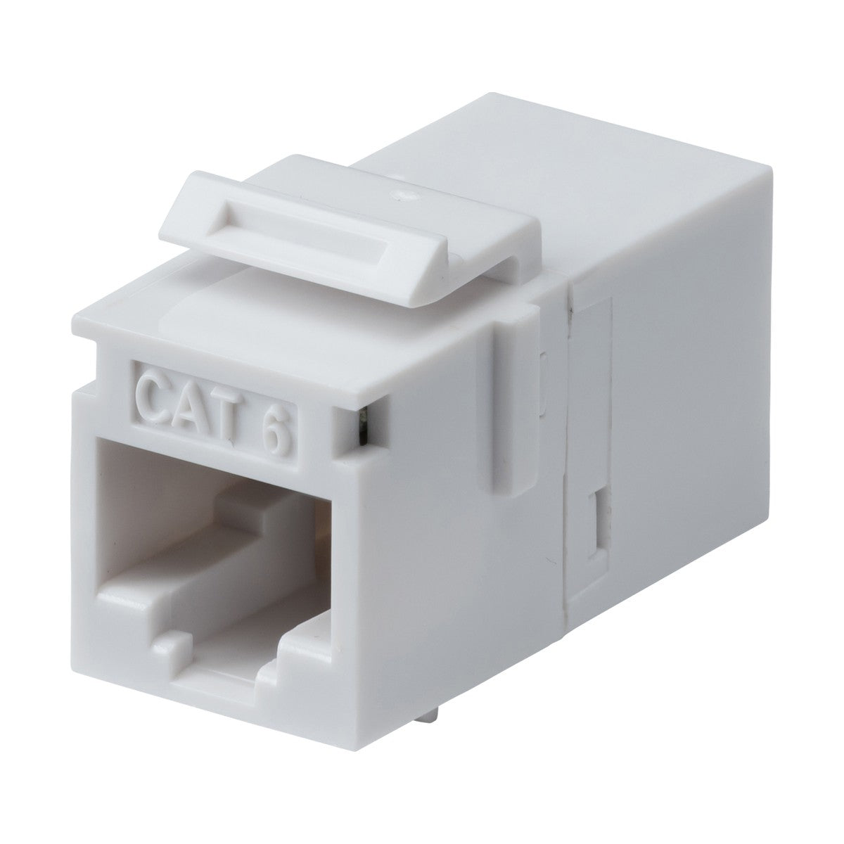 The UTP CAT6 RJ45 In-Line Coupler is a white, rectangular Ethernet keystone jack featuring a labeled port for RJ45 network cable connections. This UTP CAT6 coupler is designed for easy installation in patch panels, wall plates, or surface mount boxes and adheres to IP20 rating standards.