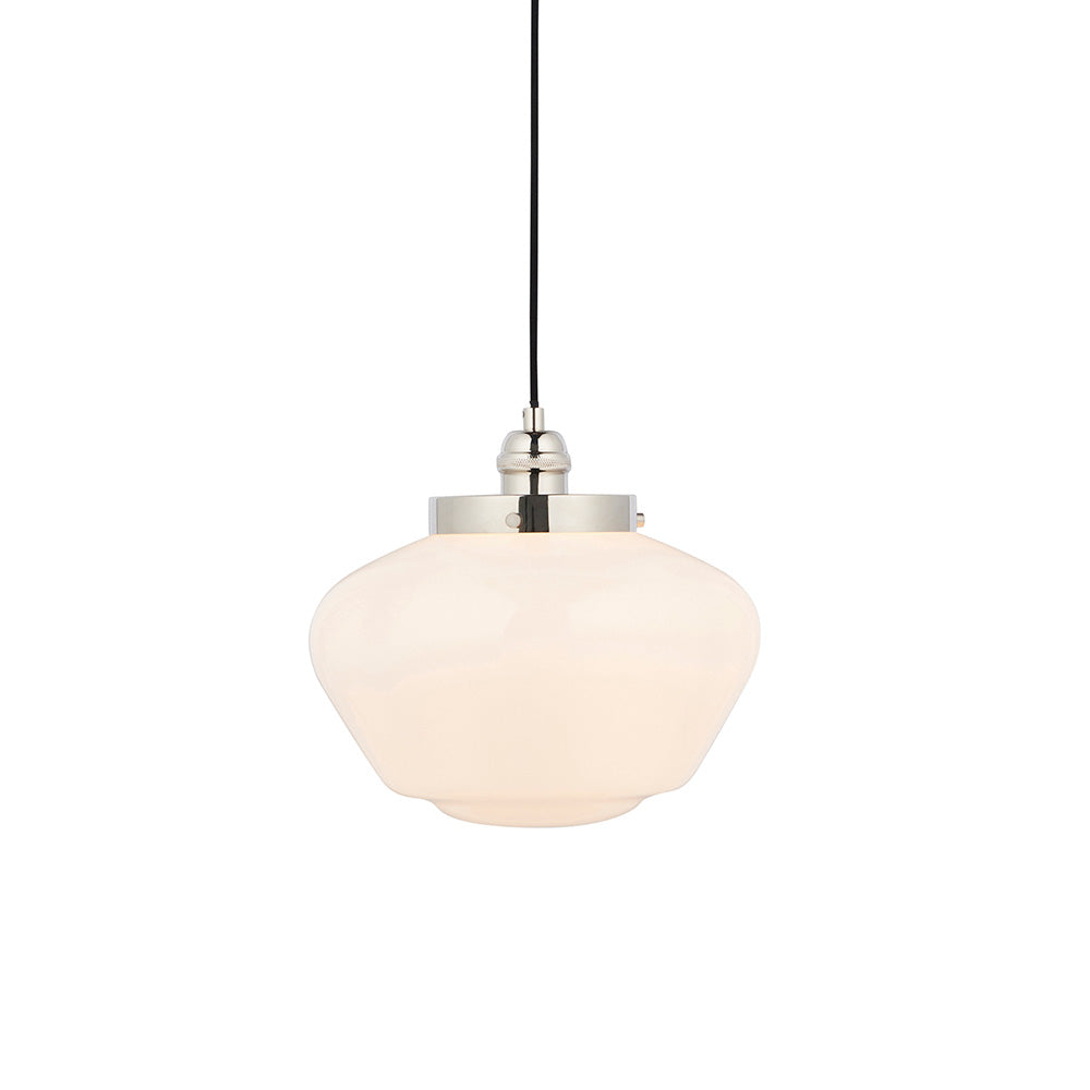Endon Kedleston pendant light with rounded opal glass shade and polished nickel fitting on a black fabric flex, shown against a plain white background.