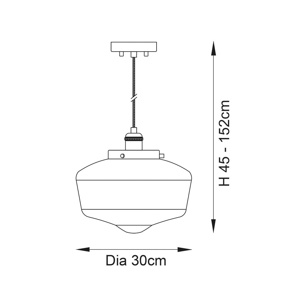Dimension diagram of the Endon Kedleston Pendant showing 30cm diameter shade and adjustable 45–152cm height.